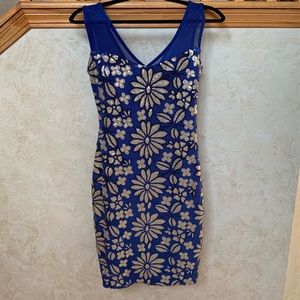 Indigo & Gold Sequin Flower Print Sheath Dress